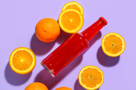 Composition with bottle of fresh soda and orange on purple backgroundの写真素材