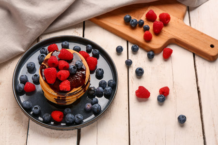 Plate with sweet pancakes and berries on light wooden backgroundの写真素材