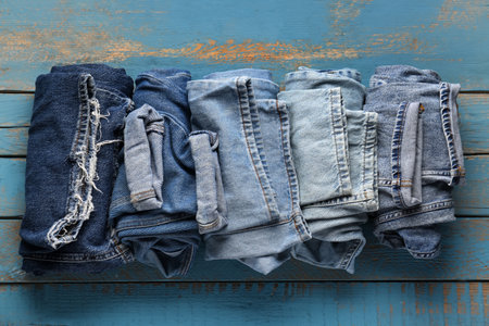 Different rolled jeans on blue wooden backgroundの写真素材