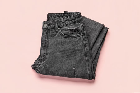 Stylish black denim jeans on pink backgroundの写真素材