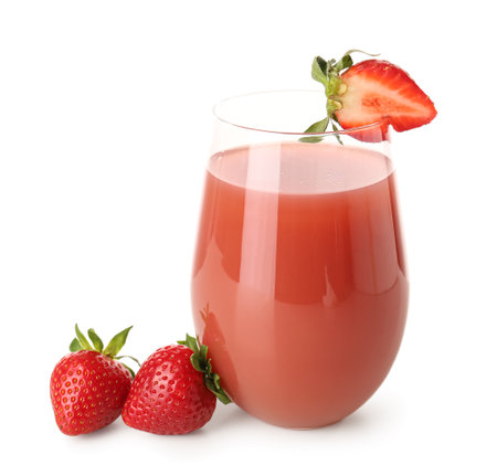 Glass with tasty strawberry smoothie on white backgroundの写真素材