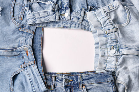 Frame made of different stylish denim jeans on white backgroundの写真素材