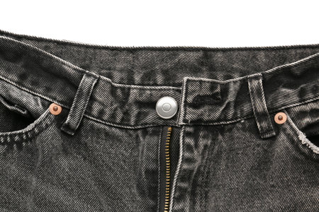 Stylish black denim jeans on white background