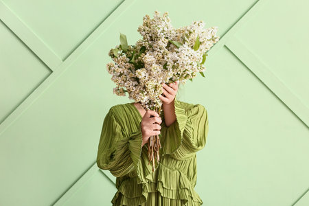 Young woman with bouquet of lilac flowers on green backgroundの写真素材