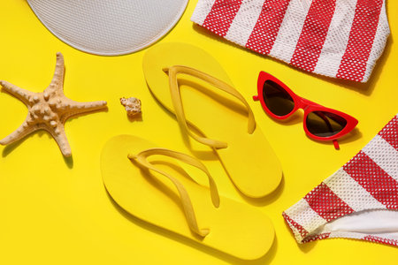 Flip flops with swimsuit, sunglasses and tennis hat on yellow backgroundの写真素材