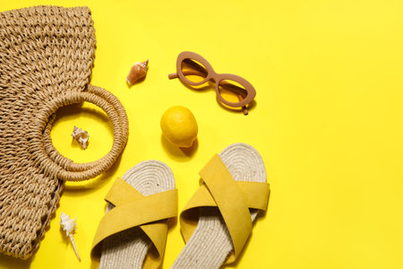 Sandals with beach accessories on yellow backgroundの写真素材