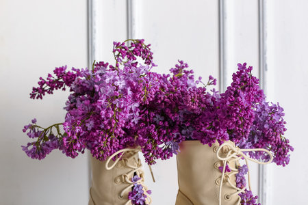 Composition with stylish female shoes with beautiful lilac flowers near light wall, closeupの写真素材
