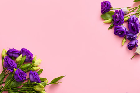 Composition with delicate eustoma flowers on pink backgroundの写真素材