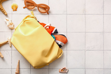 Stylish bag and sunglasses on white tile backgroundの写真素材