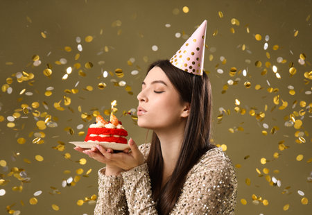 Beautiful young woman blowing out candle on tasty birthday cake against color backgroundの写真素材
