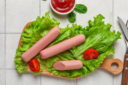 Board of tasty sausages with lettuce and tomatoes on white tile backgroundの写真素材