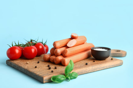 Board of tasty sausages with basil and tomatoes on blue backgroundの写真素材