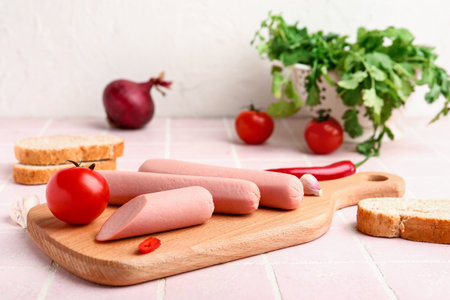 Board of tasty sausages with parsley and tomatoes on pink tile backgroundの写真素材