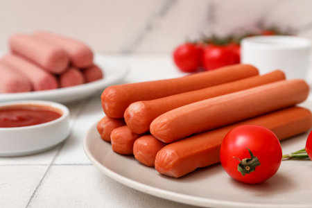 Plates of tasty sausages with tomatoes and ketchup on white tile backgroundの写真素材