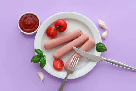 Plate of tasty sausages with basil and tomatoes on lilac backgroundの写真素材
