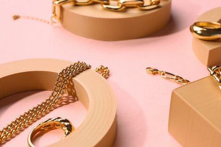 Decorative podiums with beautiful jewelery on pink backgroundの写真素材