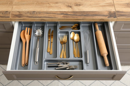 Open kitchen drawer with different gold cutleryの写真素材