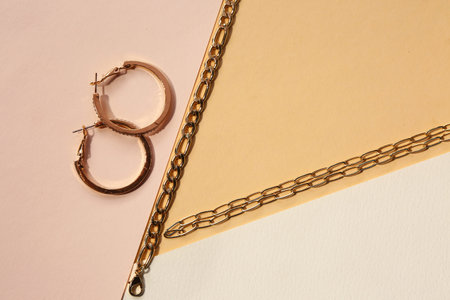 Beautiful earrings and bracelets on color background
