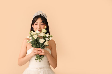 Beautiful young Asian bride with bouquet of eustoma flowers on beige backgroundの写真素材