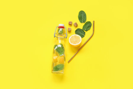 Glass bottle of lemonade with lemons, mint and ginger on yellow backgroundの写真素材