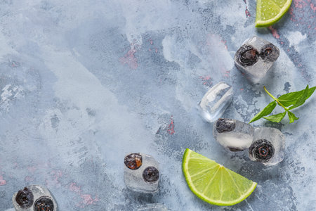 Fresh lime and blueberry frozen in ice cubes on blue backgroundの写真素材