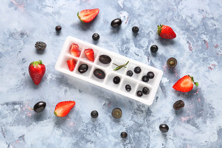 Ice tray with fresh and frozen berries on blue backgroundの写真素材