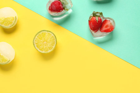 Fresh lime and strawberry frozen in ice on color backgroundの写真素材