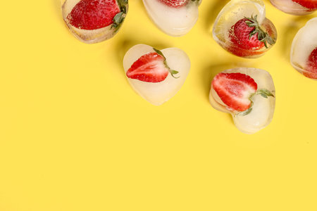 Fresh strawberries frozen in ice on yellow backgroundの写真素材