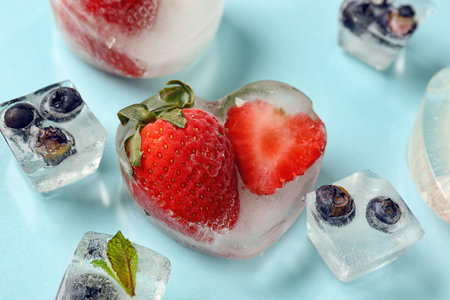 Fresh strawberry and blueberry frozen in ice on blue backgroundの写真素材
