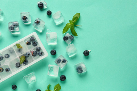 Ice tray with fresh blueberry frozen in ice and mint on blue backgroundの写真素材