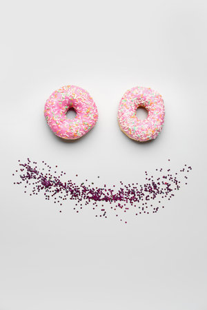 Smile made of donuts with confetti on white backgroundの写真素材