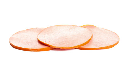 Slices of tasty boiled sausage on white backgroundの写真素材