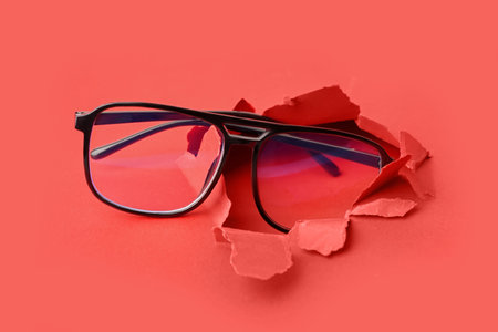 Stylish eyeglasses visible through torn paper on red backgroundの写真素材