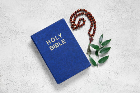 Holy Bible with branch of eucalyptus and prayer beads on grunge white background