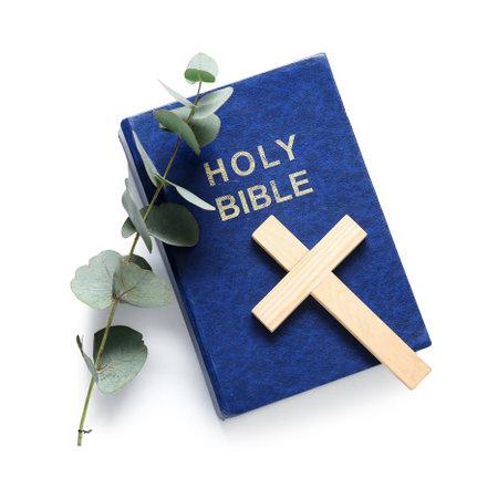Wooden cross with Holy Bible and branch of eucalyptus on pale blue backgroundの写真素材