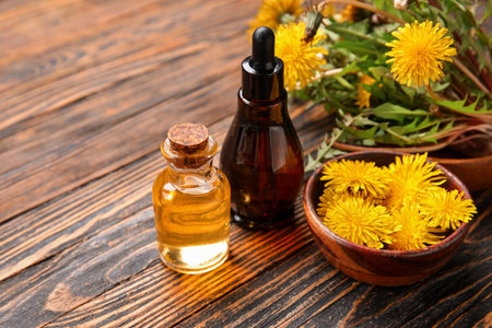 Bottles with cosmetic oil and bowls of dandelion flowers on wooden backgroundの写真素材