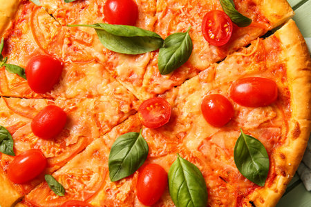Tasty pizza margarita as background, closeupの写真素材