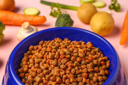 Bowl with dry pet food and natural products on pink background, closeupの写真素材