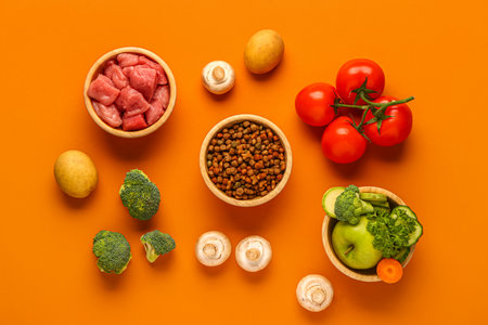 Composition with dry pet food, raw meat and natural products on orange backgroundの写真素材
