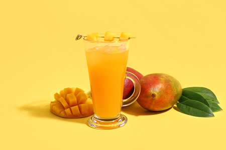 Glass of fresh mango smoothie on orange backgroundの写真素材