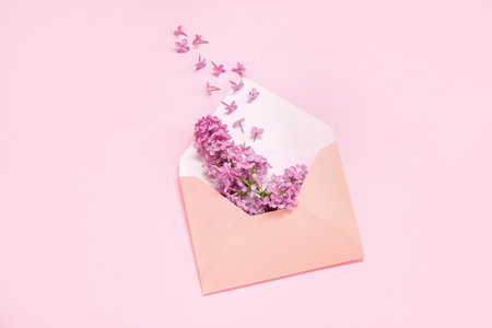 Envelope with beautiful blooming lilac flowers on pink backgroundの写真素材
