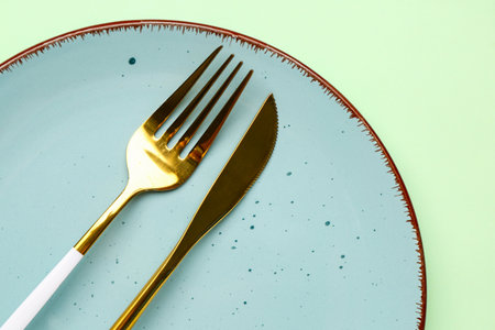 Plate with cutlery on green backgroundの写真素材
