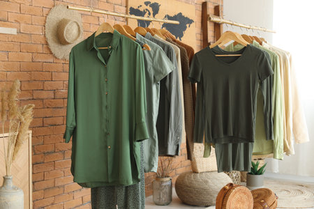 Rack with stylish clothes female in boutiqueの写真素材