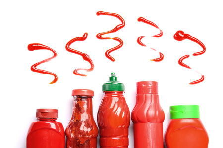 Ketchup squeezed out of bottles on white backgroundの写真素材