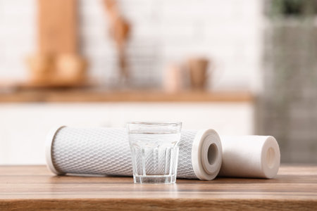 Glass of water with filters on wooden table in kitchenの写真素材