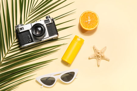 Palm leaf with beach accessories, orange and starfish on beige backgroundの写真素材