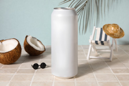 Can of soda with beach accessories and coconut on table near light wall, closeupの写真素材