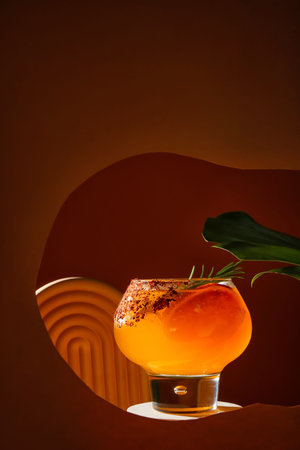 Glass of fresh summer cocktail with grapefruit and rosemary on stand visible through color paperの写真素材