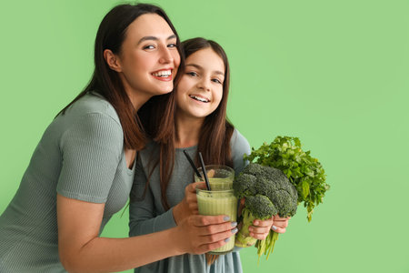Little girl with her mother and vegetables drinking smoothie on green backgroundの写真素材