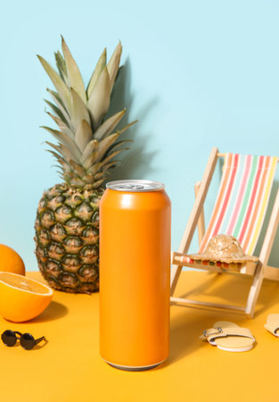Can of soda with beach decor and fruits on table near blue wallの写真素材